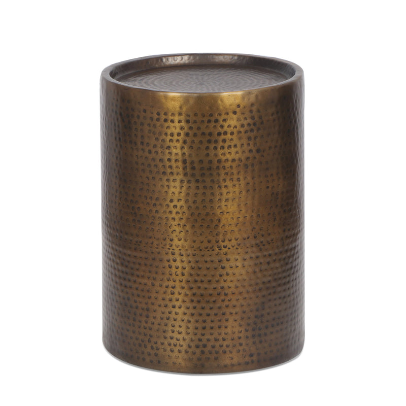 Modern Handcrafted Hammered Aluminum Drum Side Table, Aged Brass - NH716413