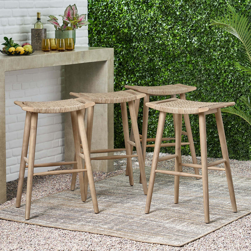 Outdoor Acacia Wood Barstool with Wicker, Set of 4 - NH100413