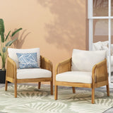 Outdoor Acacia Wood and Wicker Club Chairs with Cushions