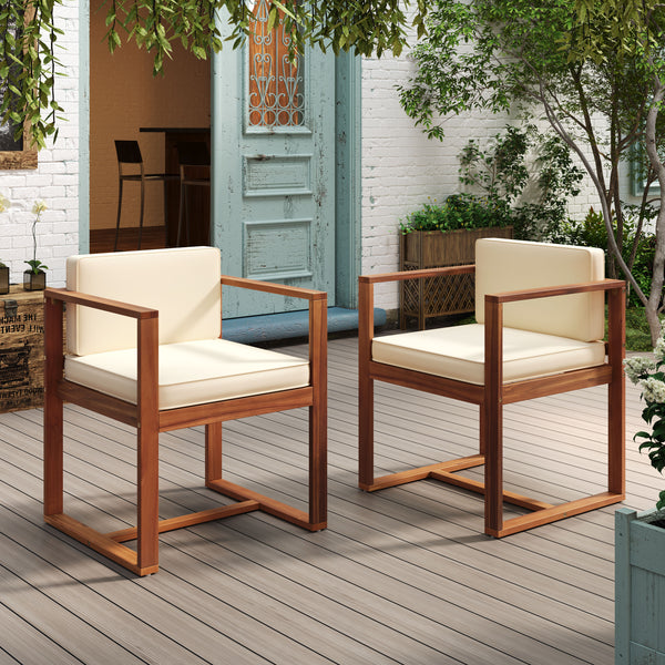 Modern Outdoor Patio Acacia Wood Dining Chairs with Cushions, Set of 2