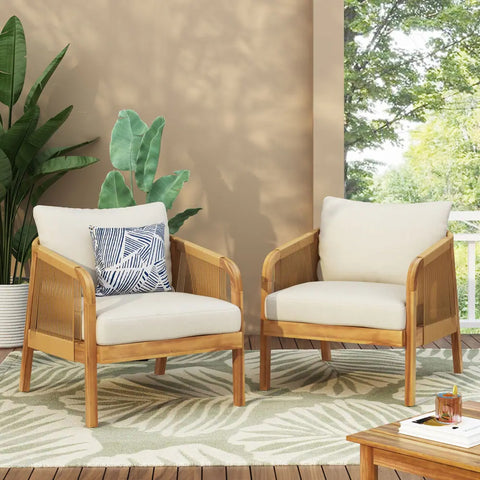 Outdoor Acacia Wood and Wicker Club Chairs with Cushions