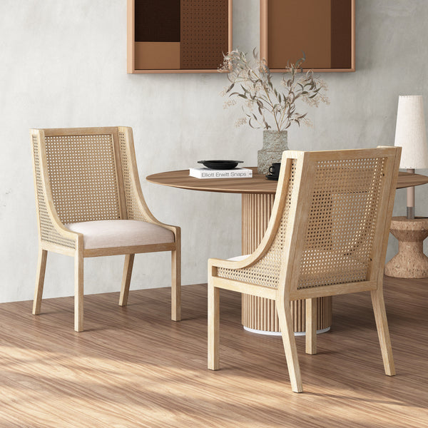 Rustic Cane and Wood Upholstered Dining Chairs, Set of 2