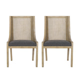 Rustic Cane and Wood Upholstered Dining Chairs, Set of 2