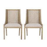 Rustic Cane and Wood Upholstered Dining Chairs, Set of 2