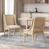 Rustic Cane and Wood Upholstered Dining Chairs, Set of 2
