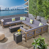 Outdoor Acacia Wood 10 Seater U-Shaped Sectional Sofa Set with Fire Pit - NH977603