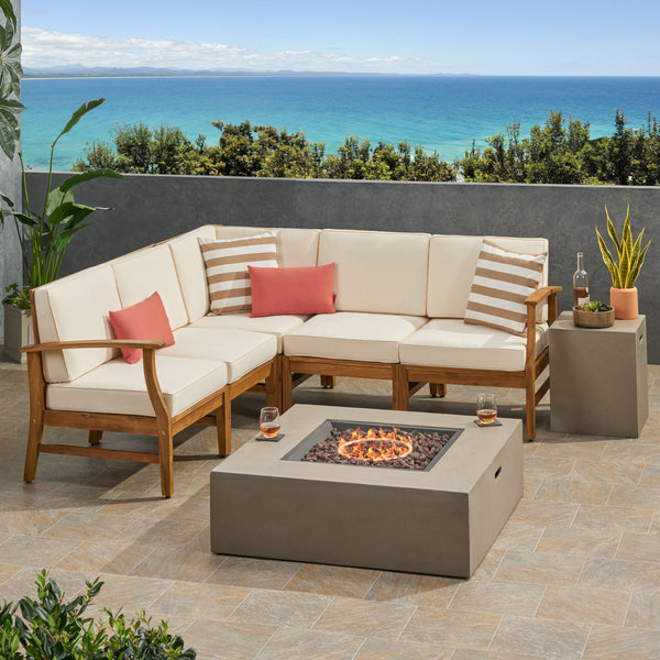 Outdoor 5 Seater V-Shaped Acacia Wood Sofa Set with Square Fire Table and Tank - NH895503