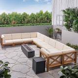 Outdoor Acacia Wood 10 Seater U-Shaped Sectional Sofa Set with Fire Pit - NH777603