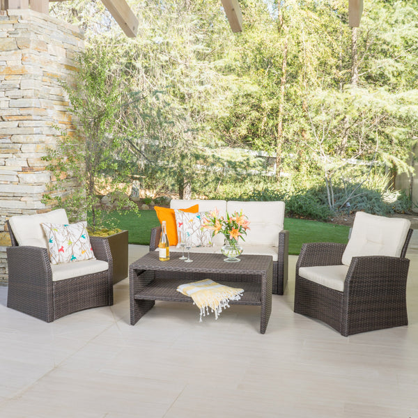 Outdoor 4 Piece Dark Brown Wicker Chat Set with Beige Water Resistant Cushions - NH406992