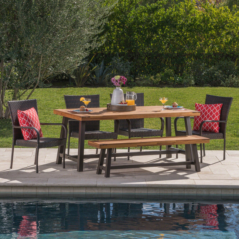 Outdoor 6 Piece Iron and Acacia Wood Dining Set with Wicker Stacking Chairs - NH735103
