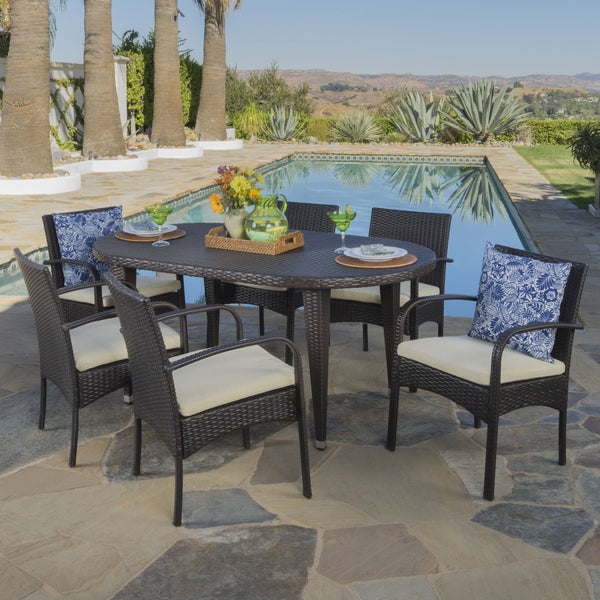 Outdoor 7 Piece Multi-brown Wicker Dining Set with Crème Cushions - NH736203