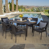 Outdoor 7 Piece Multi-brown Wicker Oval Dining Set with Stacking Chairs - NH056203
