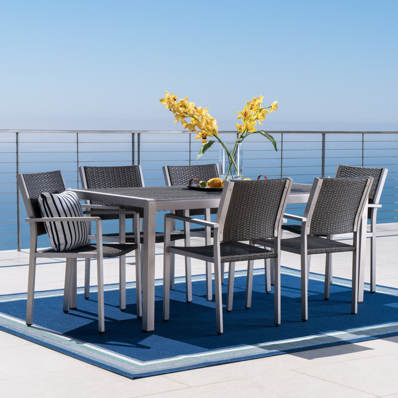 Outdoor 7Pc Aluminum Dining Set w/ Wicker Top - NH563003
