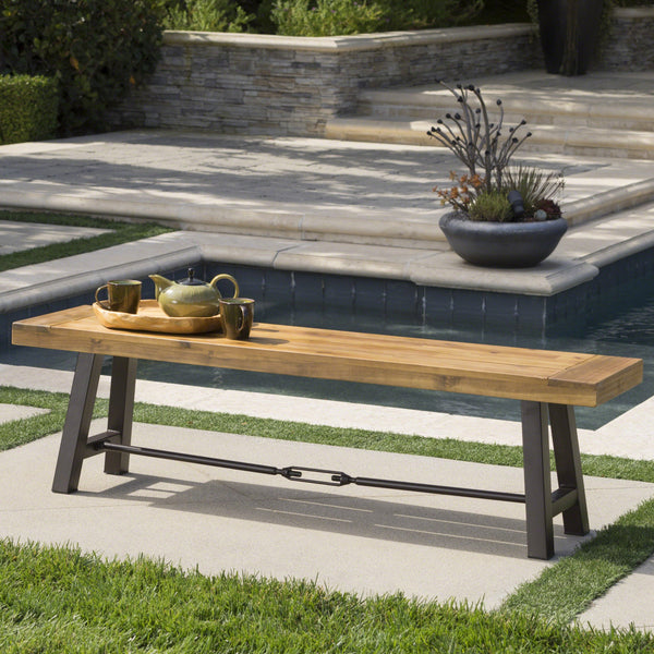 Outdoor Teak Finished Acacia Wood Bench with Rustic Metal Accents - NH365203