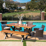 Outdoor 6 Piece Wicker Dining Set with Concrete Table and Bench - NH677303