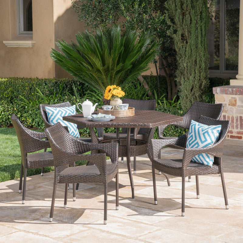 Outdoor 7 Piece Wicker Hexagon Dining Set with Stacking Chairs - NH381403