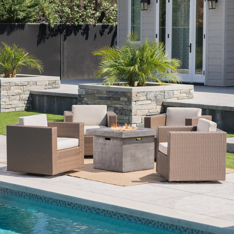 Outdoor 5 Piece Chat Set with Brown Wicker Club Chairs and Fire Pit - NH552203