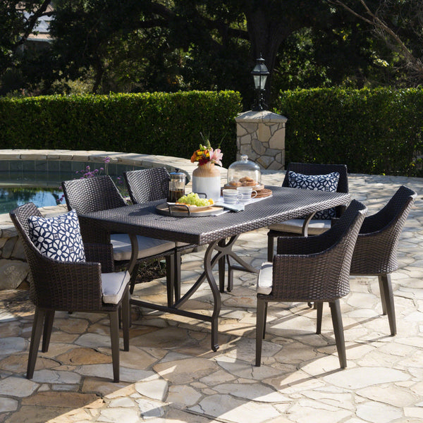 Outdoor 7 Piece Wicker Dining Set with Aluminum Framed Dining Table - NH674203