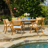 Outdoor Transitional 7-Piece Teak Acacia Wood Dining Set with Cushions - NH252792