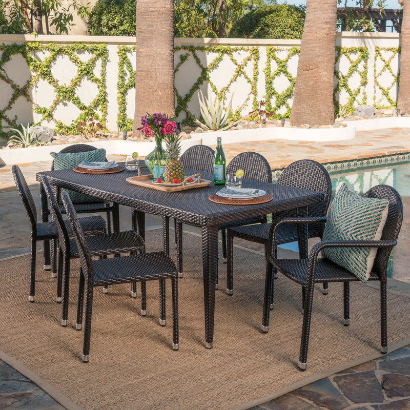 Outdoor 9 Piece Multi-brown Wicker Dining Set with Stacking Chairs - NH842103