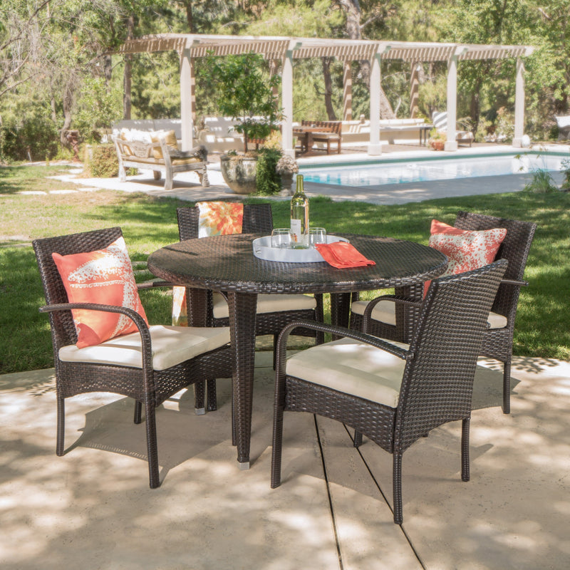 Outdoor 5 Pc Wicker Round Dining Set w/ Water Resistant Cushions - NH941103