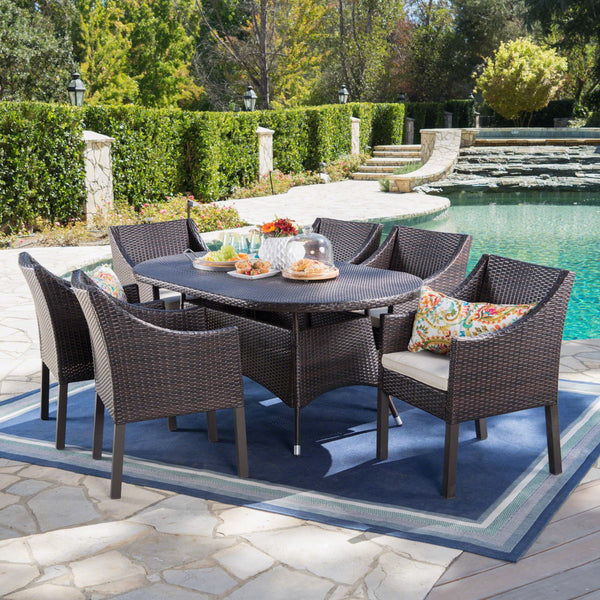 Outdoor 7 Piece Wicker Oval Dining Set with Water Resistant Cushions - NH923203