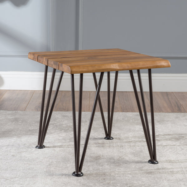 Rustic Industrial Acacia Wood Side Table with Metal Hairpin Legs, Teak - NH940103