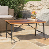 Outdoor Rustic Industrial Acacia Wood Coffee Table with Metal Frame, Teak and Black - NH821103