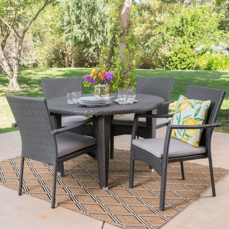 Outdoor 5 Piece Wicker Circular Dining Set with Water Resistant Cushions - NH551103