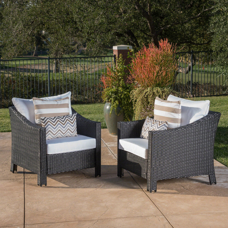 Outdoor Black Wicker Club Chairs with White Water Resistant Cushions - NH246303