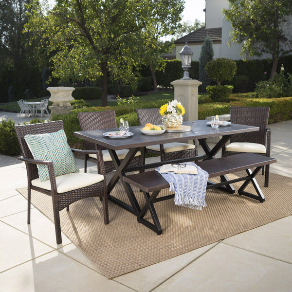 Outdoor 6 Piece Aluminum Dining Set with Bench and Wicker Dining Chairs - NH694203