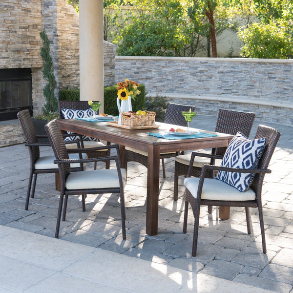 Outdoor 7 Piece Dining Set with Dark Brown Finished Wood Table and Chairs - NH052203