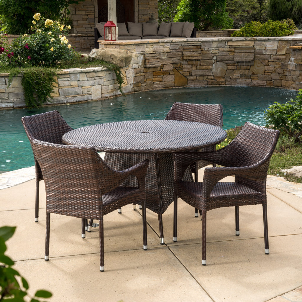 5-piece wicker patio dining set with umbrella hole Outdoor 5-Piece Multi-Brown Wicker Round Dining Set with Umbrella Hole – NobleHouseFurniture