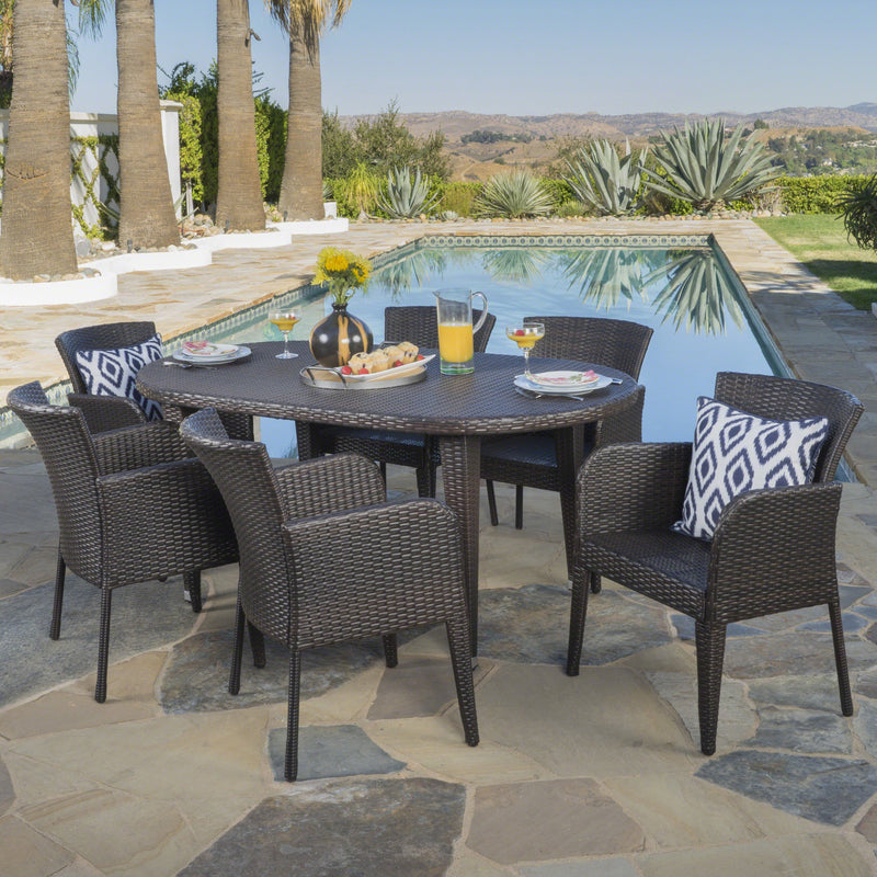 Outdoor 7 Piece Multi-brown Wicker Oval Dining Set - NH546203