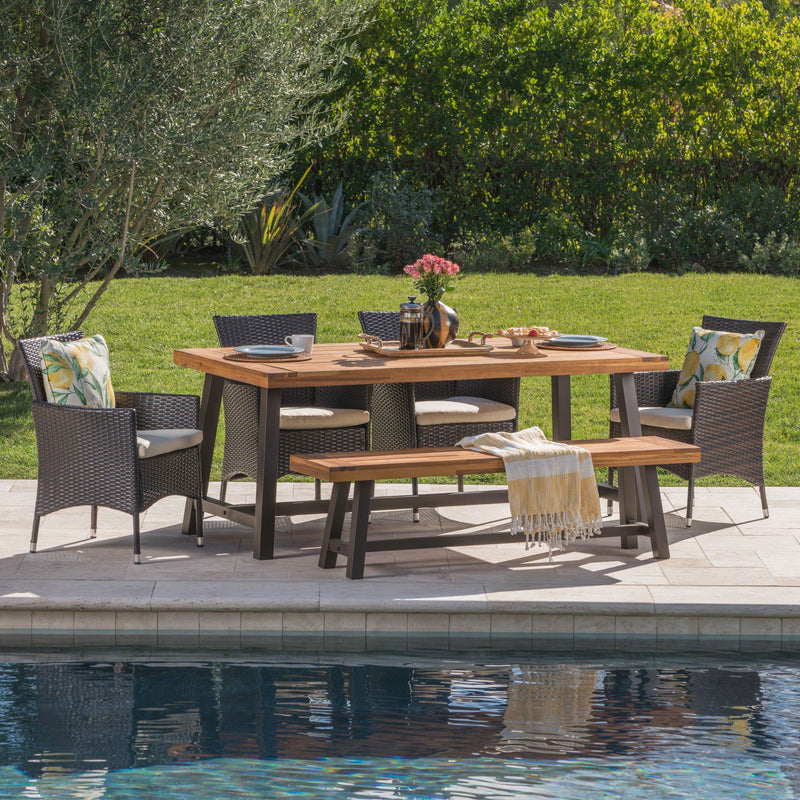 Outdoor 6 Piece Iron and Sandblast Finished Acacia Wood Dining Set - NH935103