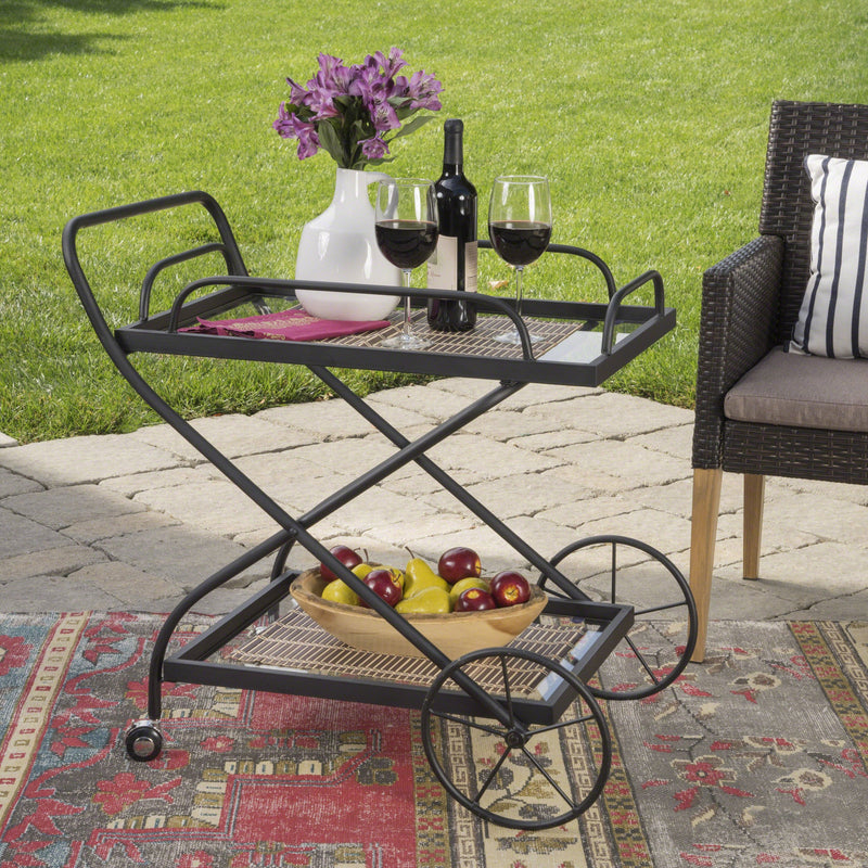 Outdoor Traditional Black Powder Coated Iron Bar Cart with Tempered Shelves - NH775203