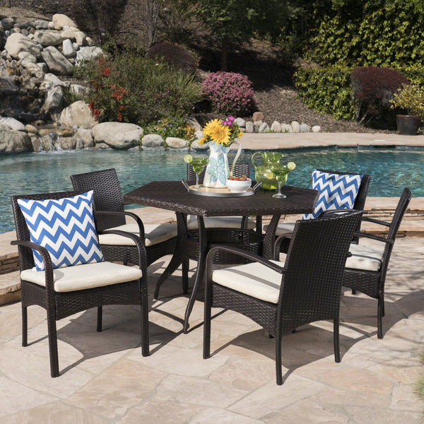 Outdoor 7 Piece Wicker Hexagon Dining Set with Water Resistant Chairs - NH581403