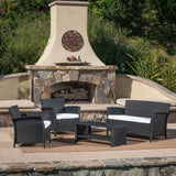 Outdoor 4 Piece Black Wicker Chat Set with White Water Resistant Cushions - NH692303