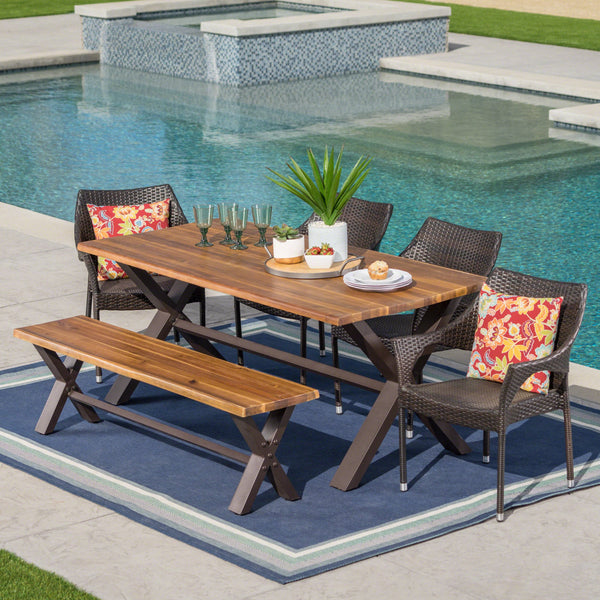 Outdoor 6 Piece Acacia Wood Dining Set with Wicker Stacking Chairs - NH097203