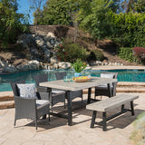 Outdoor 6 Piece Wicker Dining Set with Acacia Wood Table and Bench - NH709303