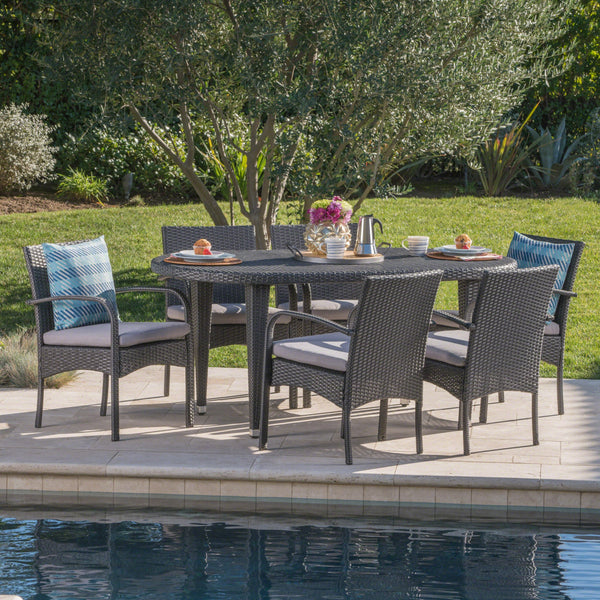 Outdoor 7 Piece Gray Wicker Dining Set with Gray Water Resistant Cushions - NH836203