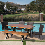 Outdoor 6 Piece Wicker Dining Set with Concrete Table and Bench - NH877303