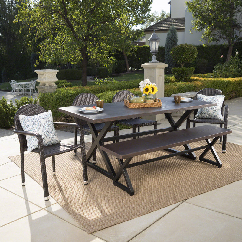 Outdoor 6 Piece Brown Aluminum Dining Set with Multi-brown Stacking Chairs - NH407203