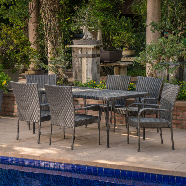 Outdoor 7 Piece Gray Wicker Rectangular Dining Set with Stacking Chairs - NH971203