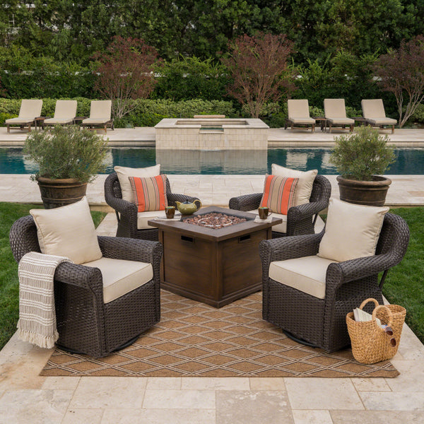 Outdoor 5 Piece Wicker Swivel Club Chairs with Brown Gas Fire Pit - NH628203