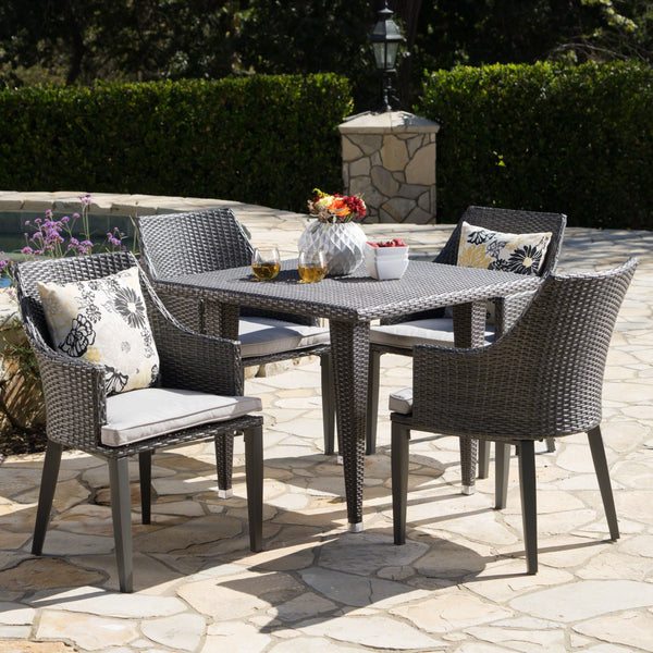 Outdoor 5 Piece Gray Wicker Dining Set with Water Resistant Cushions - NH664203