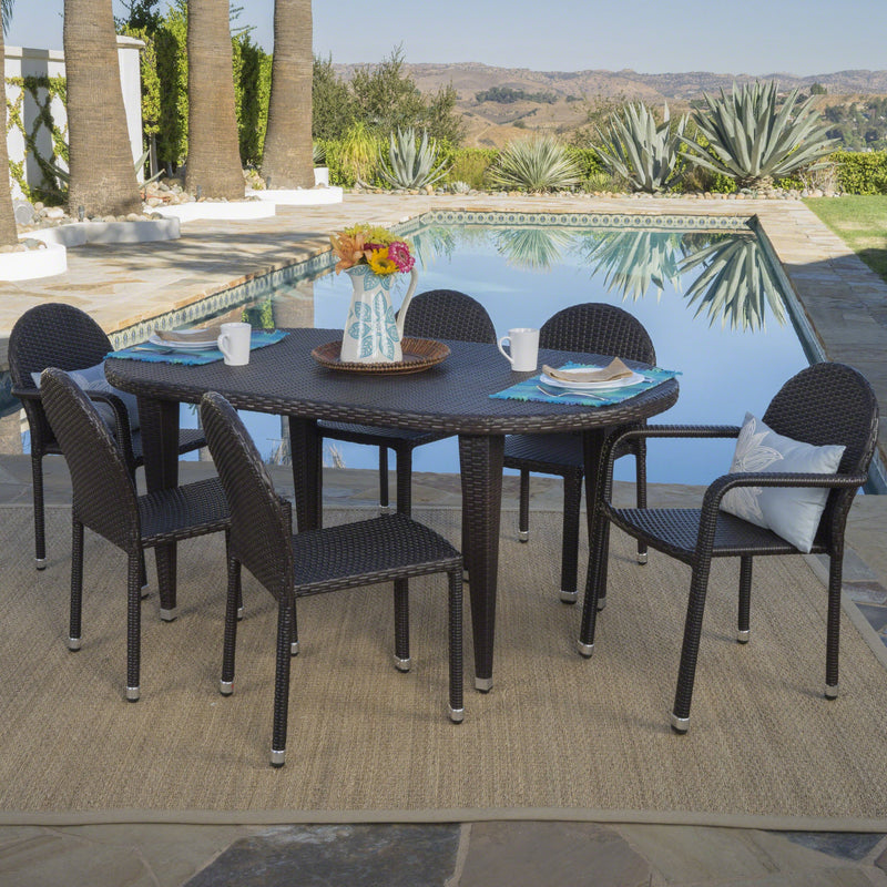 Outdoor 7 Piece Multi-brown Wicker Dining Set with Stacking Chairs - NH507203