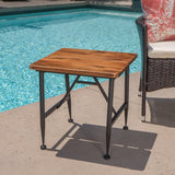 Outdoor Rustic Industrial Acacia Wood End Table with Metal Frame, Teak and Black - NH131103