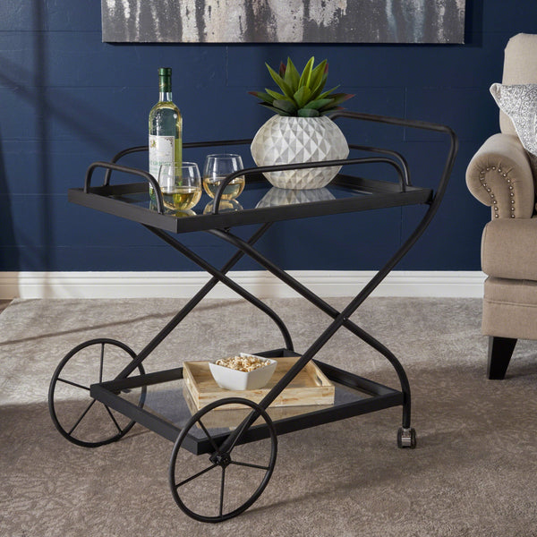 Indoor Traditional Black Iron Bar Cart with Tempered Glass Shelves - NH675203