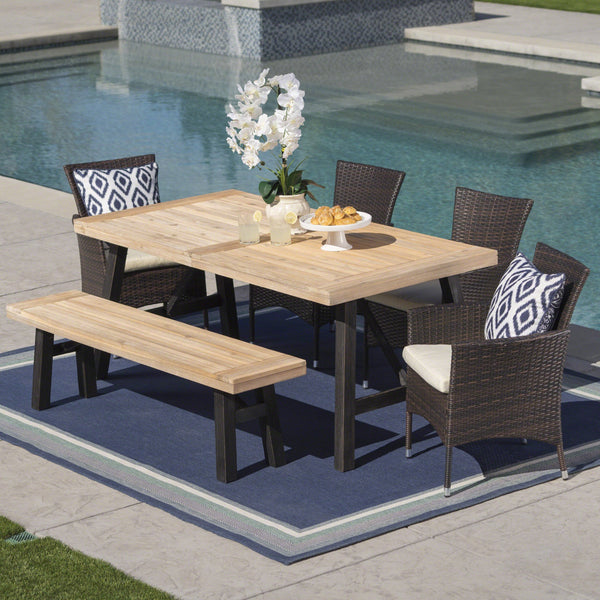 Outdoor 6 Piece Acacia Wood Dining Set with Wicker Dining Chairs - NH687203